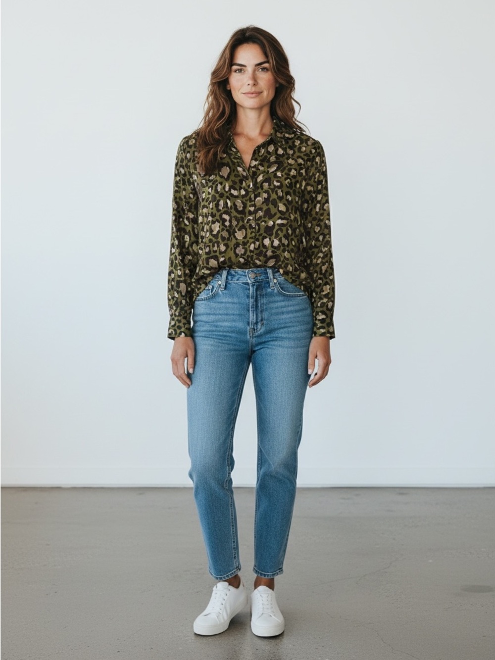 Milano Italy 1709 Khaki Green Animal Print Viscose Long Sleeve Size 42